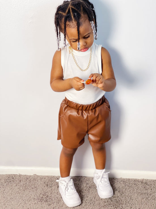 Meet Me At Brunch Toddler Girl PU Leather Shorts (Camel Brown)