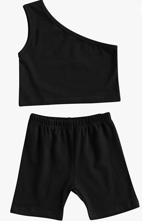 Load image into Gallery viewer, Black One Shoulder Two Piece Toddler Girl Short Set
