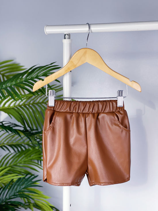 Meet Me At Brunch Toddler Girl PU Leather Shorts (Camel Brown)